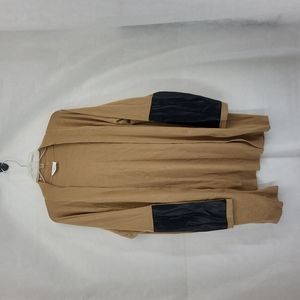 MILANO Camel Viscose Blend Cardigan with Black Faux Leather Sleeves